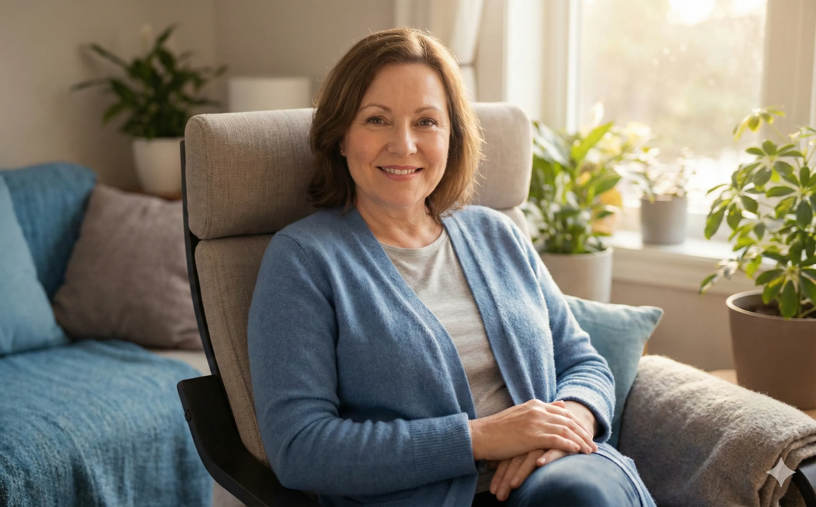 Woman sitting peacefully in a warm room, representing relief from anxiety