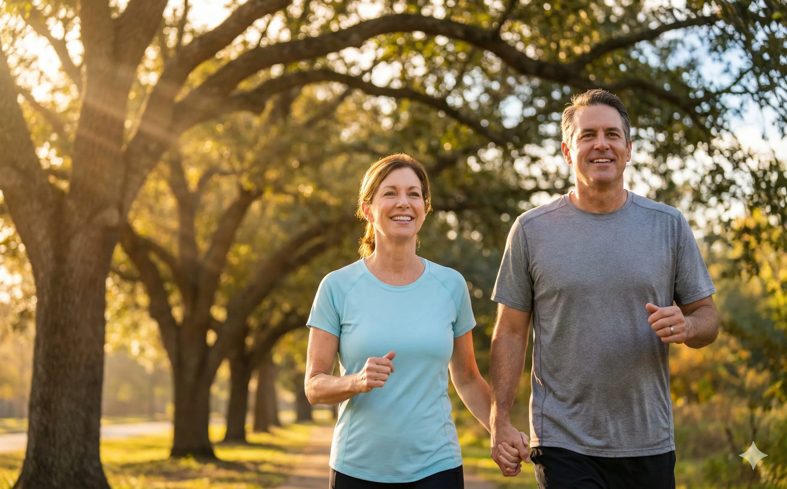 Couple walking on a sunlit trail, representing whole-body wellness