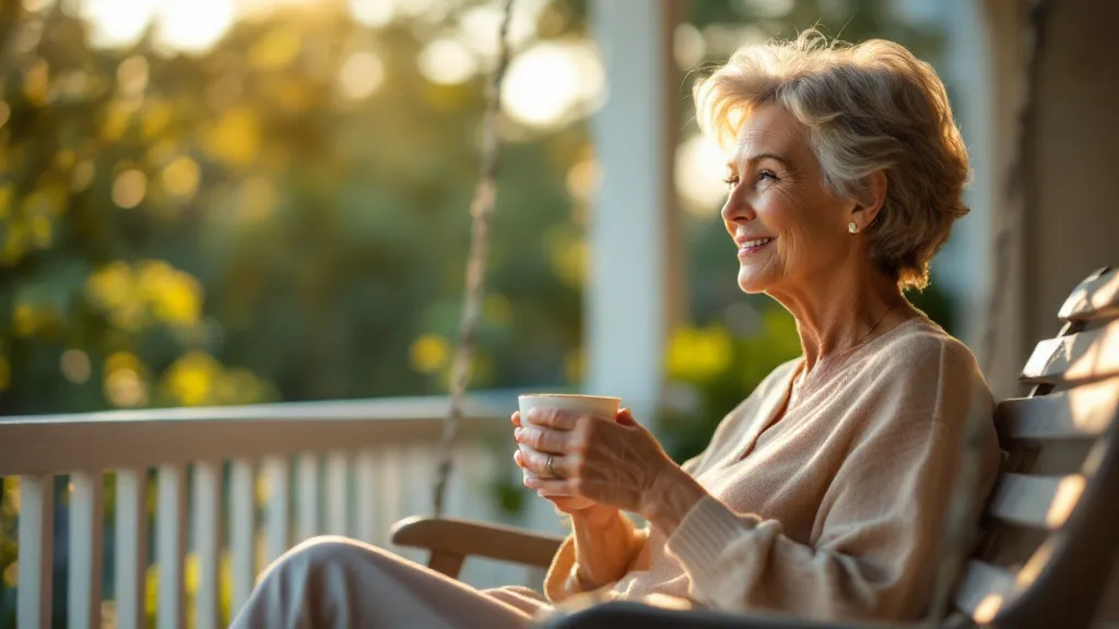 Woman relaxing on a porch swing with a cup of tea, representing calm and balance