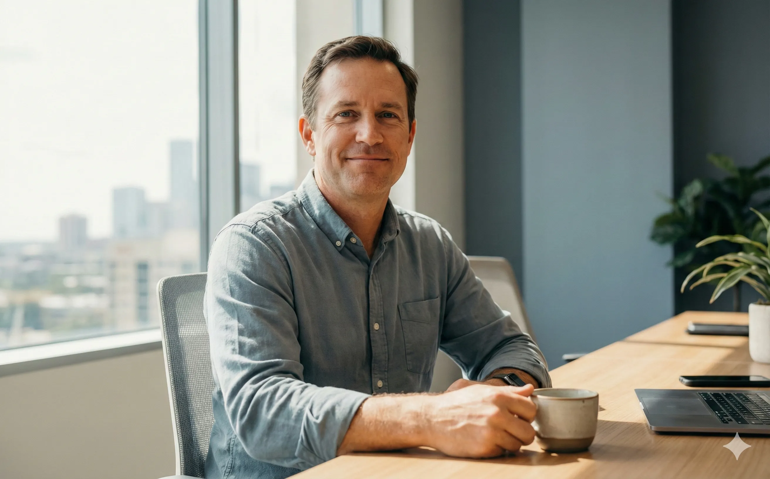 Relaxed man at a bright workspace, representing life with fewer migraines