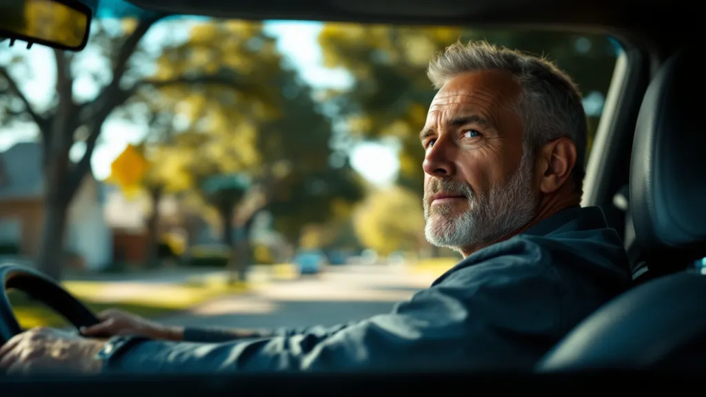 Man turning his head comfortably while driving, representing a neck that moves freely