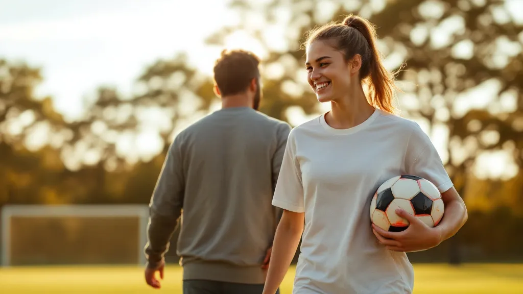 Young athlete walking off the field with her father, smiling and clear-headed