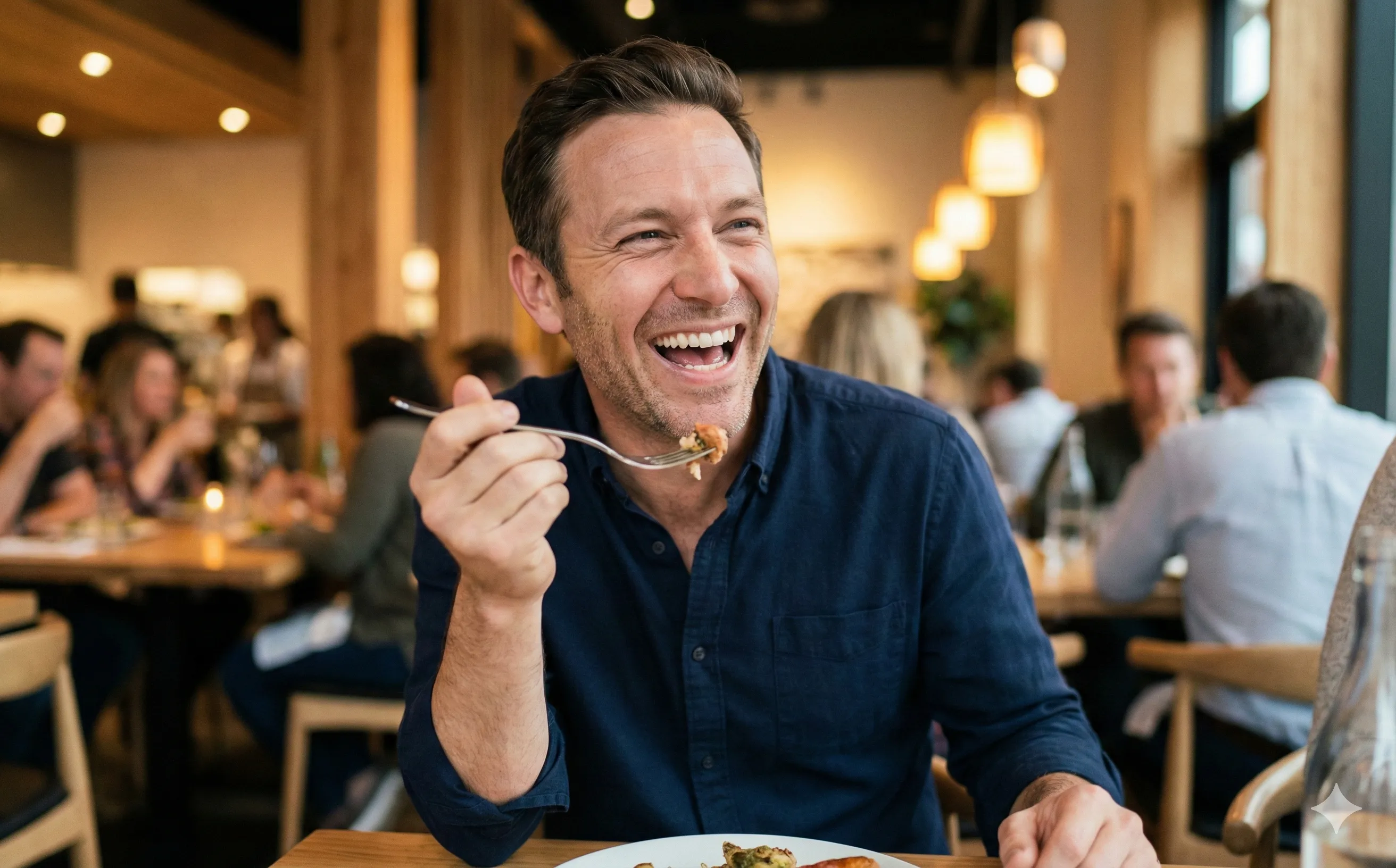 Man enjoying a meal comfortably, representing relief from jaw pain