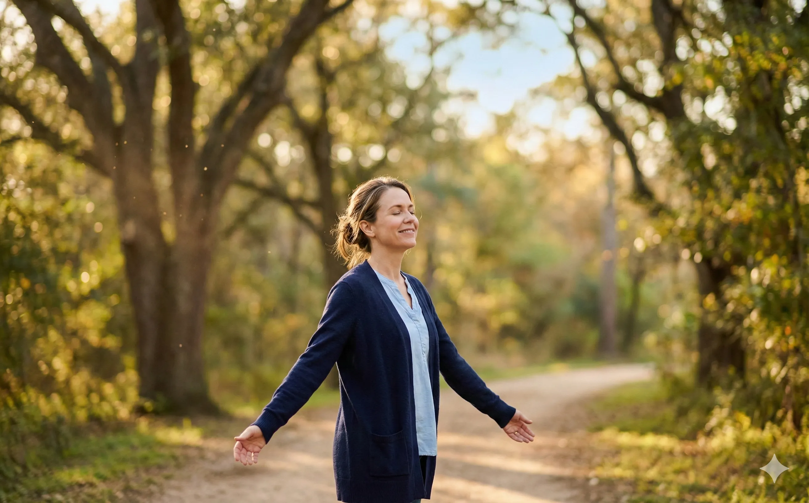 Woman standing calmly and steadily outdoors, representing relief from vertigo